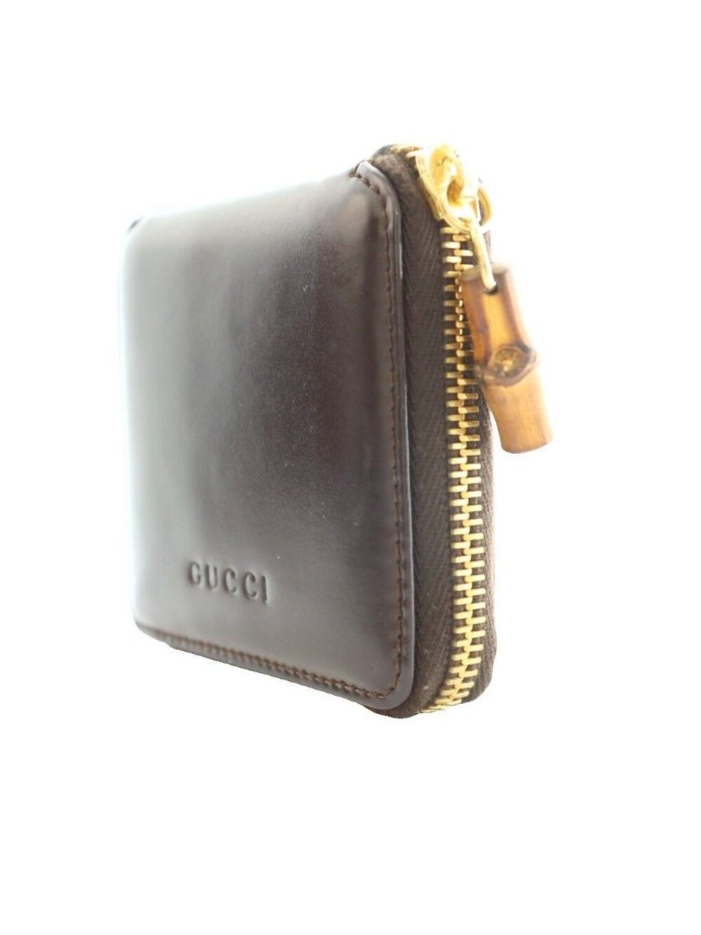 Gucci Bifold Wallet Compact Coin Purse Zip Around Bumpy Handle Leather Brown SS - Picture 3 of 9